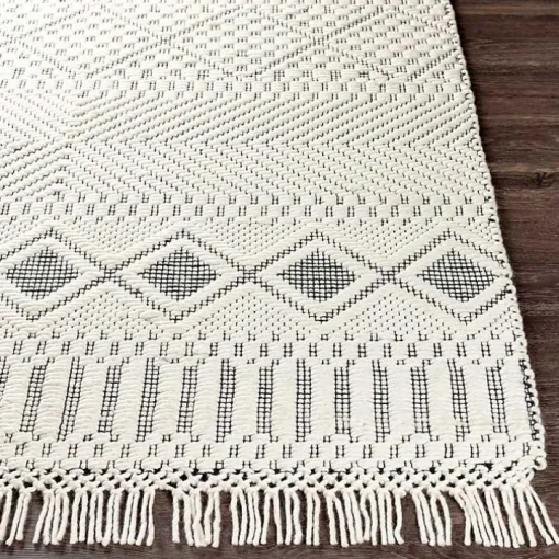White and Black Diamond Tassel Wool Area Rug, 5x7