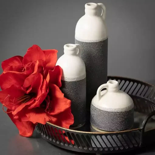 White and Black Two-Toned Ceramic Vases, Set of 3