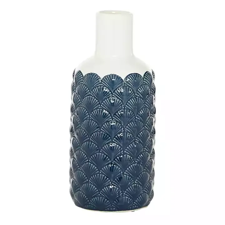 White and Blue Coastal Ceramic Vase, 13 in.