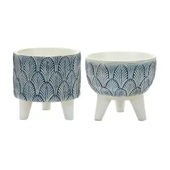 White and Blue Geometric Pots with Legs, Set of 2