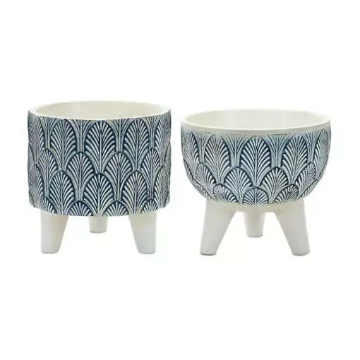 White and Blue Geometric Pots with Legs, Set of 2
