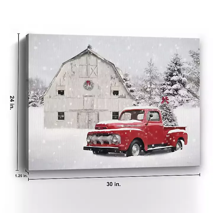 White Barn Red Truck Christmas Tree Canvas Print