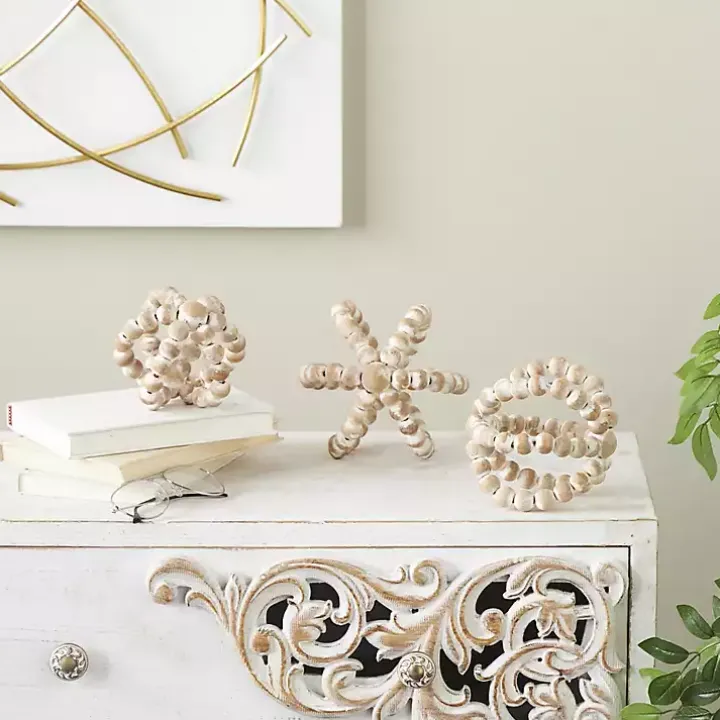 White Beaded Boho Wooden Orbs, Set of 3