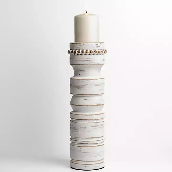 White Beaded Wood Pillar Candle Holder, 14 in.