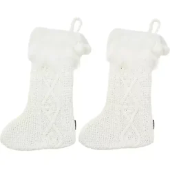 White Cable Knit Stockings with Fur Trim, Set of 2