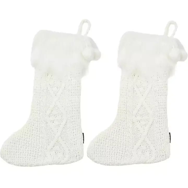 White Cable Knit Stockings with Fur Trim, Set of 2