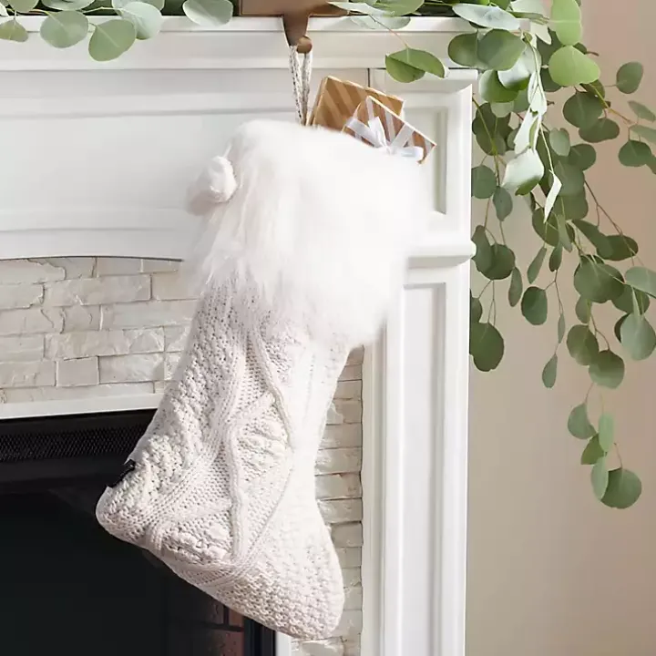 White Cable Knit Stockings with Fur Trim, Set of 2