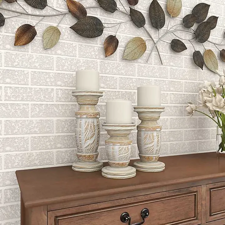 White Carved Wood Candle Holders, Set of 3