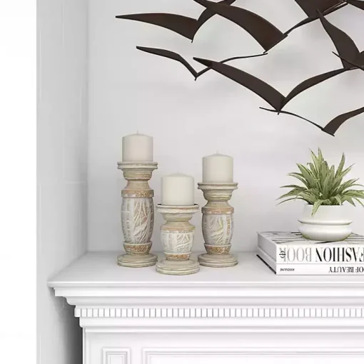White Carved Wood Candle Holders, Set of 3