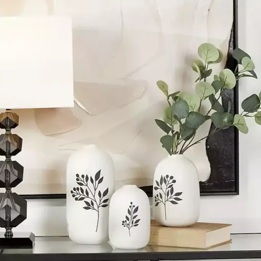 White Ceramic Berry and Fern Vases, Set of 3