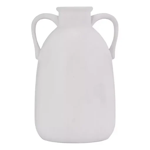 White Ceramic Jug Handles Vase, 10 in.