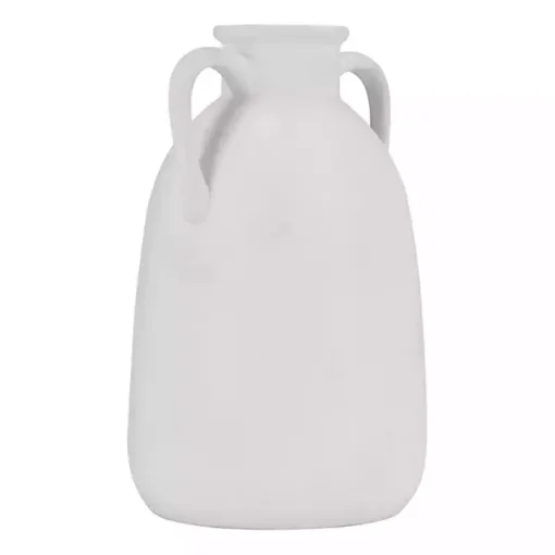White Ceramic Jug Handles Vase, 10 in.