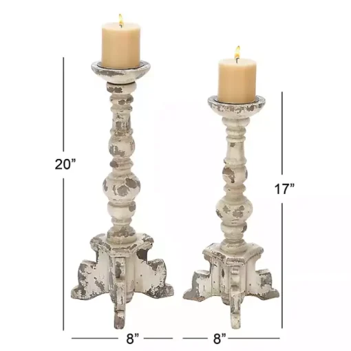 White Chipped Wood Pillar Candle Holders, Set of 2
