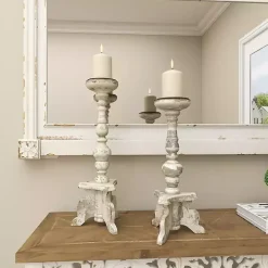 White Chipped Wood Pillar Candle Holders, Set of 2