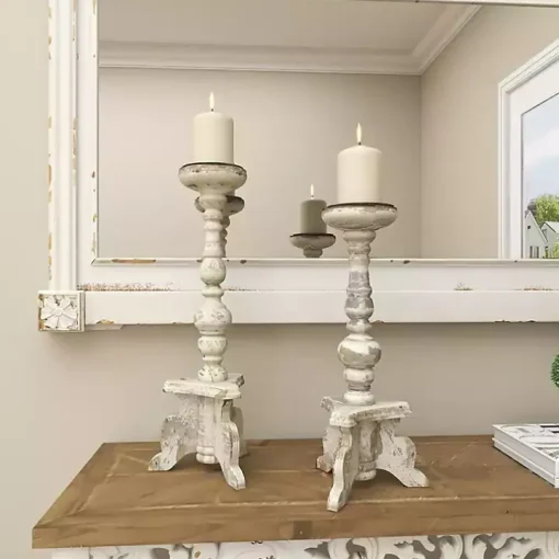 White Chipped Wood Pillar Candle Holders, Set of 2