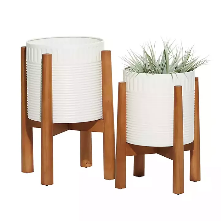 White Corrugated Iron and Wood Planters, Set of 2