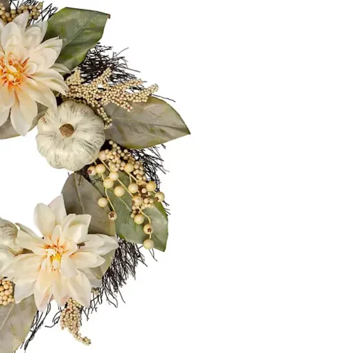 White Dahlia and Pumpkin Harvest Wreath