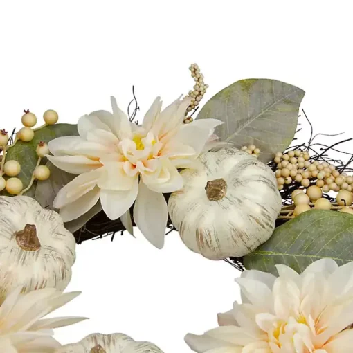 White Dahlia and Pumpkin Harvest Wreath