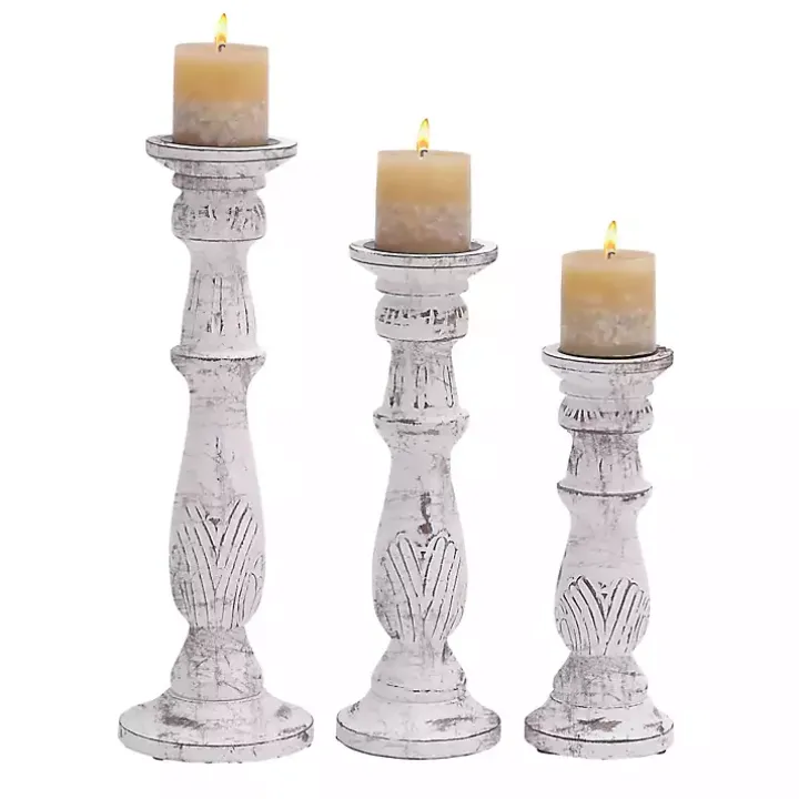 White Distressed Mango Candle Holders, Set of 3