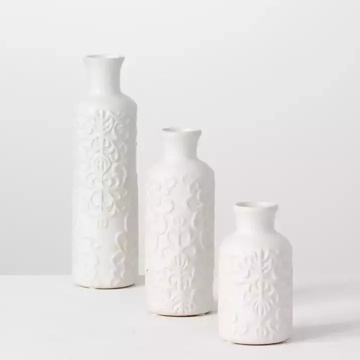 White Embossed Scrolling 3-pc. Vase Set