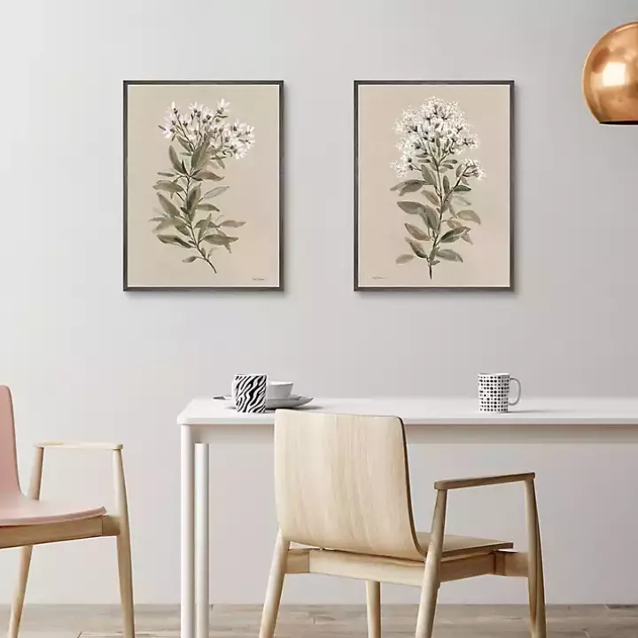 White Floral Stems Framed Canvas Prints, Set of 2