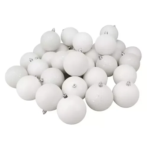 White Glitter Shatterproof Ornaments, Set of 60