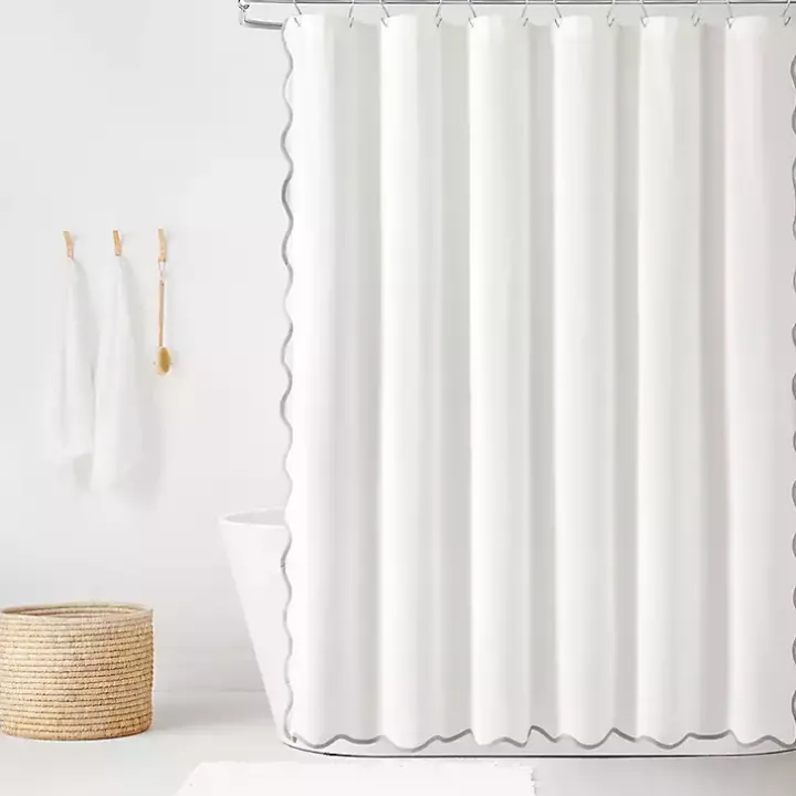 White Gray Scalloped Coastal Shower Curtain