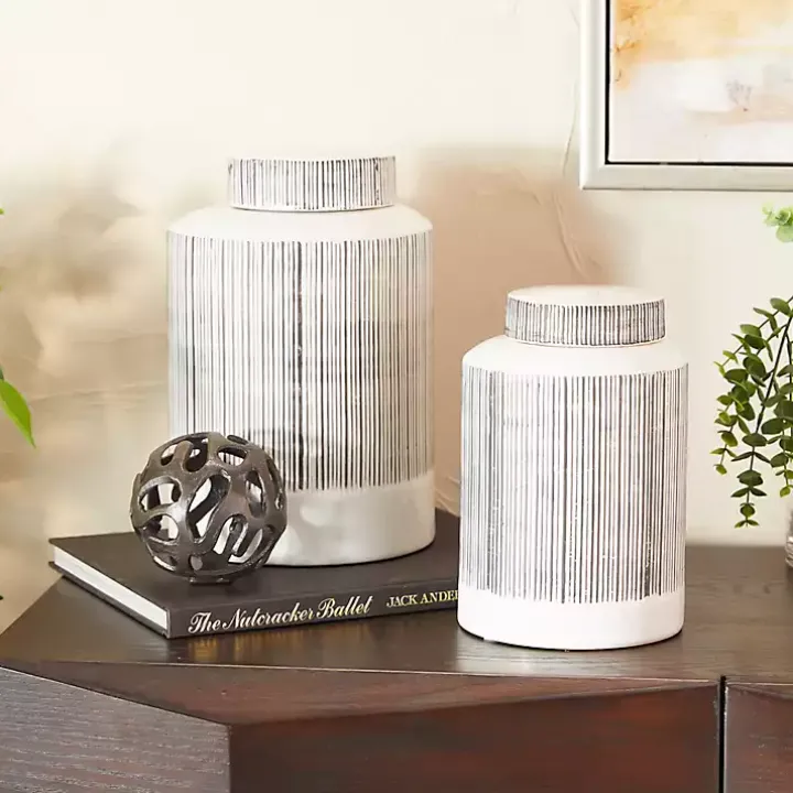 White Lined Ceramic Jars, Set of 2