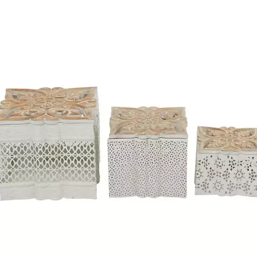 White Metal and Carved Wood Boxes, Set of 3