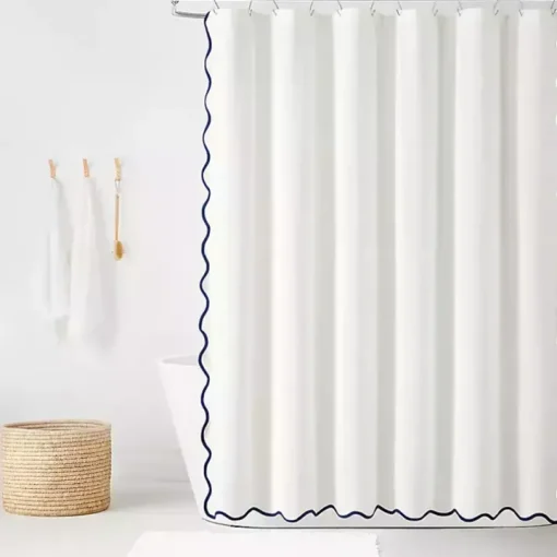 White Navy Scalloped Coastal Shower Curtain
