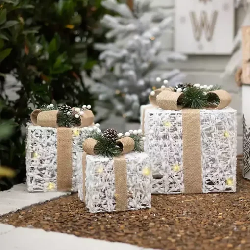White Pre-Lit Tan Bow Gift Box, 10 in.