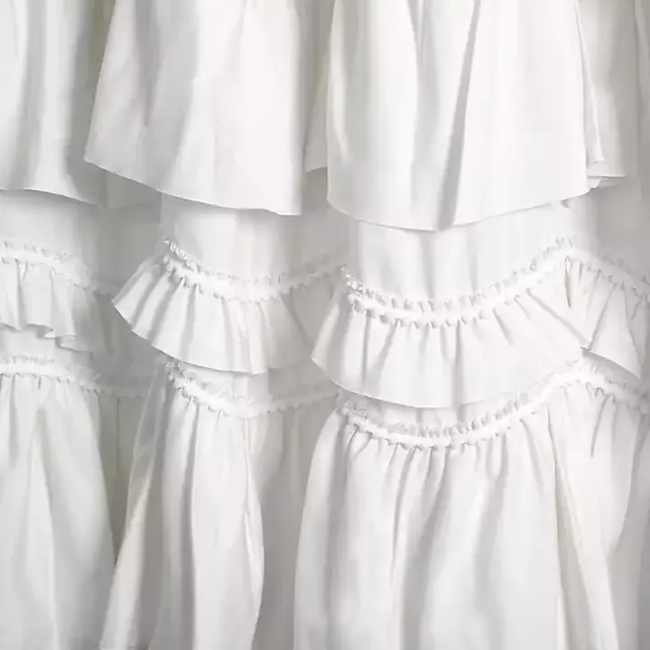 White Ruffle and Pom Pom Trim Shower Curtain