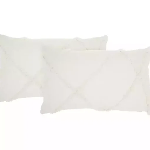 White Tufted Diamond Lumbar Pillows, Set of 2