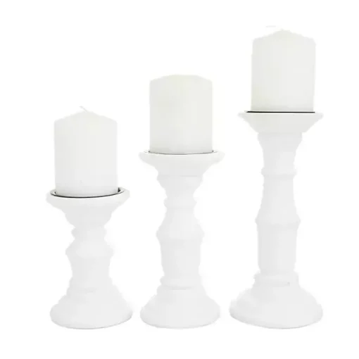 White Wood Column Pillar Candle Holders, Set of 3