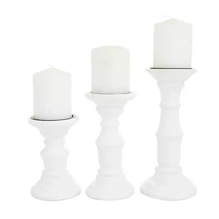 White Wood Column Pillar Candle Holders, Set of 3