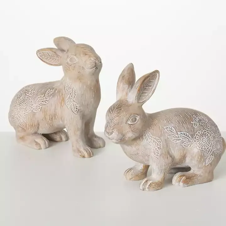 Whitewash Floral Boho Bunny Figurines, Set of 2