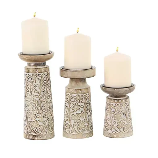 Whitewash Floral Mango Candlesticks, Set of 3