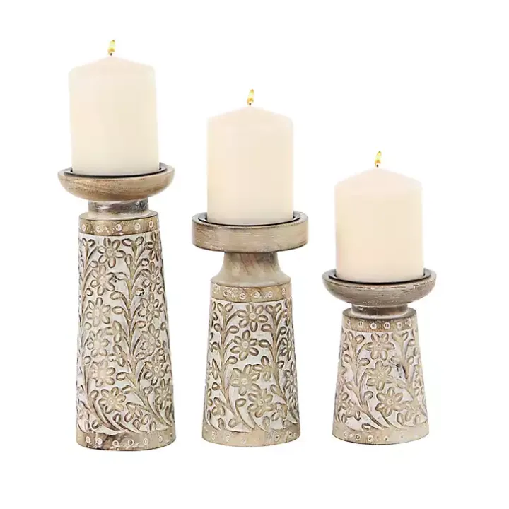 Whitewash Floral Mango Candlesticks, Set of 3