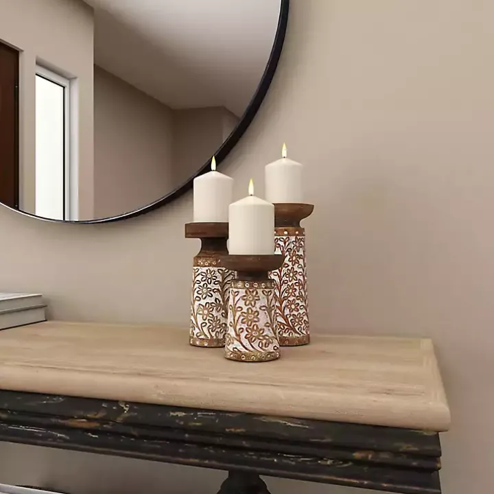 Whitewash Floral Mango Candlesticks, Set of 3