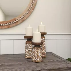 Whitewash Floral Mango Candlesticks, Set of 3