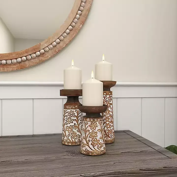 Whitewash Floral Mango Candlesticks, Set of 3