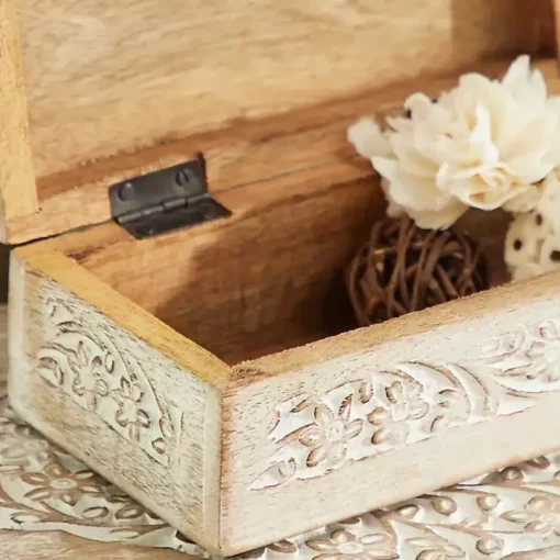 Whitewashed Floral Carved Wood Boxes, Set of 3