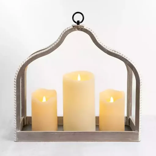 Whitewashed Wood Beaded Open Lantern