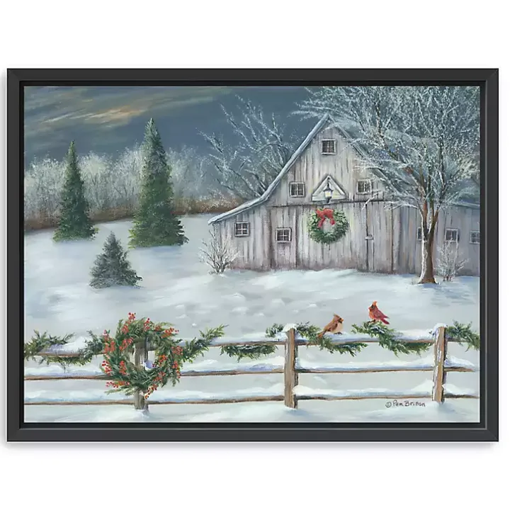 Winter Christmas Barn Framed Canvas Art Print