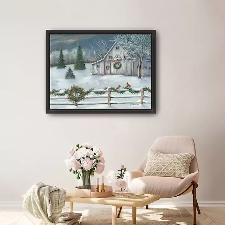 Winter Christmas Barn Framed Canvas Art Print
