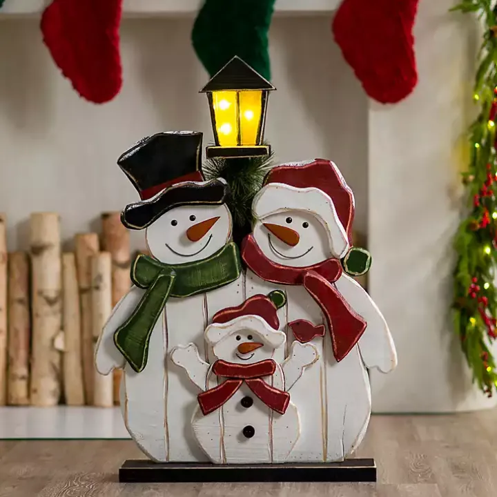 Wooden LED Light Post Snowman Family