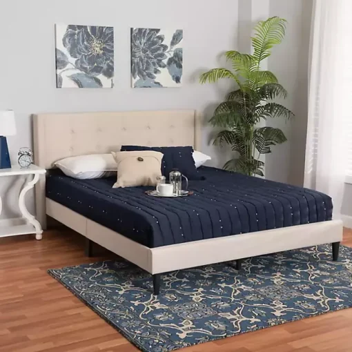 Beige Button Tufted Headboard Full Platform Bed