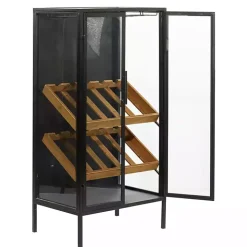 Black Metal and Brown Wood Standing Wine Rack