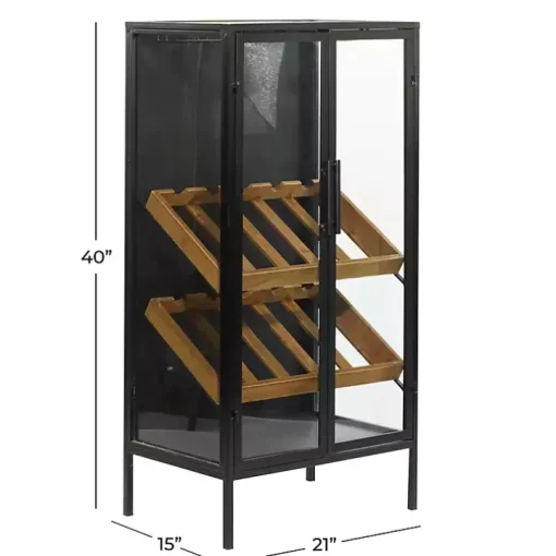 Black Metal and Brown Wood Standing Wine Rack