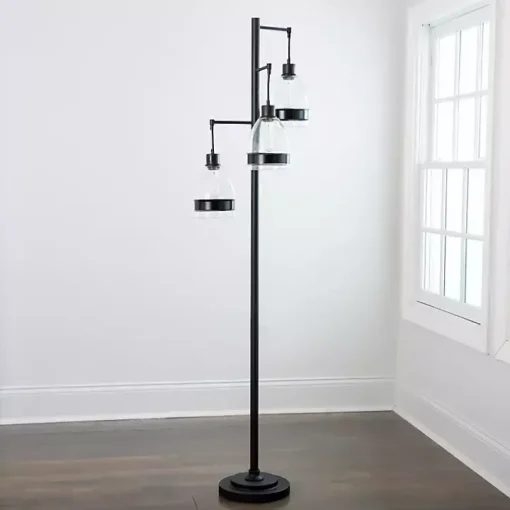 Black Metal and Glass Globe 3-Arm Floor Lamp
